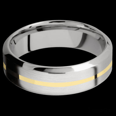 7 mm wide/High Bevel/14K White Gold band with one 1 mm Centered inlay of 14K Yellow Gold.