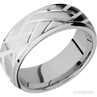 8 mm wide/Domed Stepped Down Edges/14K White Gold band with a machined Lattice pattern.