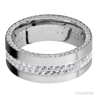 8 mm wide/Flat/14K White Gold band with a Side Eternity arrangement of .01 carat Round Diamond stones in a Bead Channel setting and featuring a a 2 Row Eternity arrangement of .015 carat Round Diamond stones in a Bead Channel setting