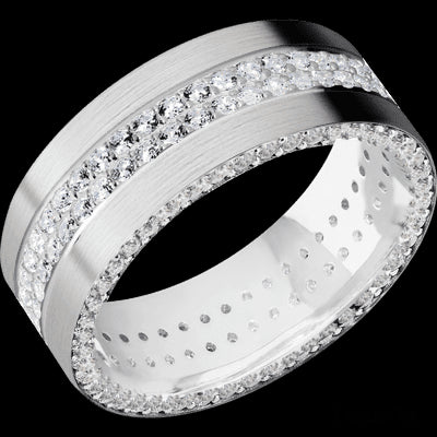 8 mm wide/Flat/14K White Gold band with a Side Eternity arrangement of .01 carat Round Diamond stones in a Bead Channel setting and featuring a a 2 Row Eternity arrangement of .015 carat Round Diamond stones in a Bead Channel setting