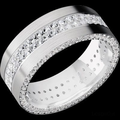 8 mm wide/Flat/14K White Gold band with a Side Eternity arrangement of .01 carat Round Diamond stones in a Bead Channel setting and featuring a a 2 Row Eternity arrangement of .015 carat Round Diamond stones in a Bead Channel setting