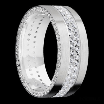 8 mm wide/Flat/14K White Gold band with a Side Eternity arrangement of .01 carat Round Diamond stones in a Bead Channel setting and featuring a a 2 Row Eternity arrangement of .015 carat Round Diamond stones in a Bead Channel setting