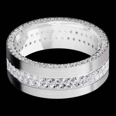 8 mm wide/Flat/14K White Gold band with a Side Eternity arrangement of .01 carat Round Diamond stones in a Bead Channel setting and featuring a a 2 Row Eternity arrangement of .015 carat Round Diamond stones in a Bead Channel setting