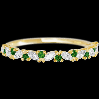 14K Yellow Gold band with alternating 9 Round Green Diamond and 8 Marquise Lab Grown Diamond having TCW-.38