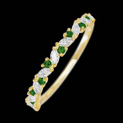 14K Yellow Gold band with alternating 9 Round Green Diamond and 8 Marquise Lab Grown Diamond having TCW-.38