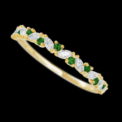 14K Yellow Gold band with alternating 9 Round Green Diamond and 8 Marquise Lab Grown Diamond having TCW-.38
