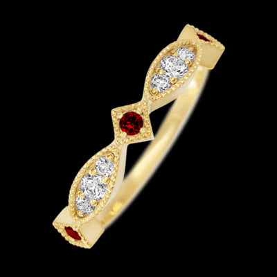 14K Yellow Gold band with alternating 3 Round Dark Ruby, 2 Round Lab Grown Diamond and 4 Round Lab Grown Diamond having TCW-.27