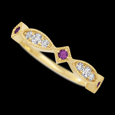 14K Yellow Gold band with alternating 3 Round Purple Diamond, 2 Round Lab Grown Diamond and 4 Round Lab Grown Diamond having TCW-.27