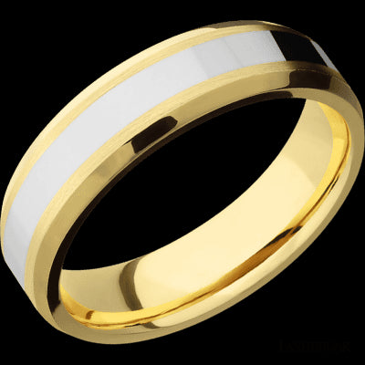 6 mm wide/Beveled/14K Yellow Gold band with one 3 mm Centered inlay of 14K White Gold.