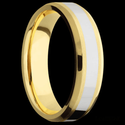 6 mm wide/Beveled/14K Yellow Gold band with one 3 mm Centered inlay of 14K White Gold.