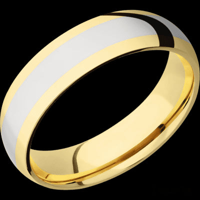 6 mm wide/Domed/14K Yellow Gold band with one 3 mm Centered inlay of 14K White Gold.