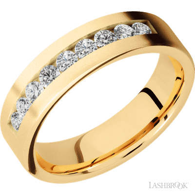 6 mm wide/Flat/14K Yellow Gold band with an  arrangement of 9, .07 carat Round Diamond stones in a Channel setting.