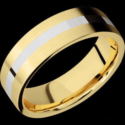 7 mm wide/Flat/14K Yellow Gold band with one 2 mm Centered inlay of 14K White Gold.