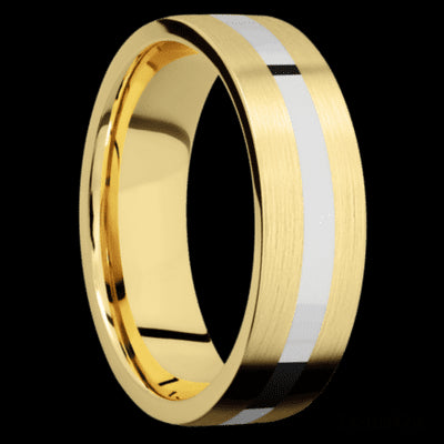 7 mm wide/Flat/14K Yellow Gold band with one 2 mm Centered inlay of 14K White Gold.