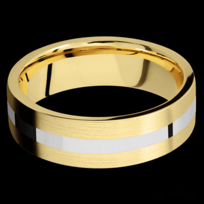 7 mm wide/Flat/14K Yellow Gold band with one 2 mm Centered inlay of 14K White Gold.