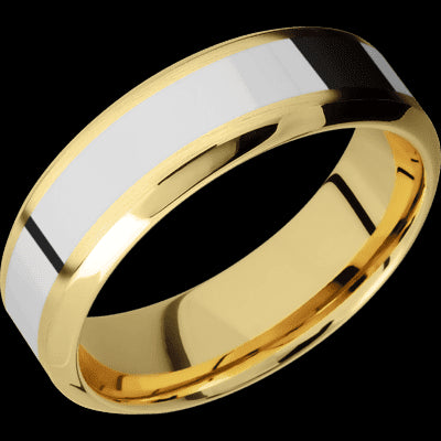 7 mm wide/High Bevel/14K Yellow Gold band with one 3 mm Centered inlay of 14K White Gold.