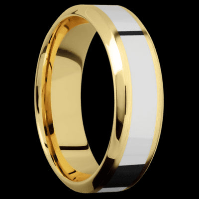 7 mm wide/High Bevel/14K Yellow Gold band with one 3 mm Centered inlay of 14K White Gold.