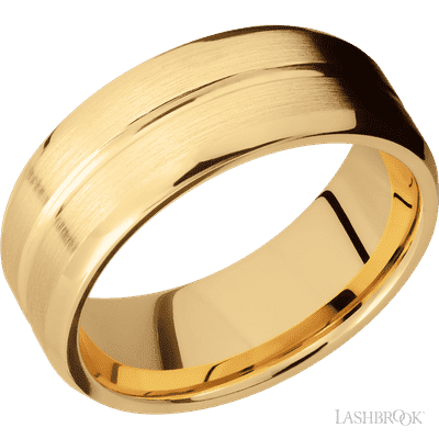 8 mm wide Beveled with Center Accent Groove 14K Yellow Gold band.
