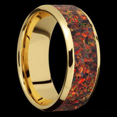 8 mm wide/Beveled/14K Yellow Gold band with one 6 mm Centered inlay of Red Opal.