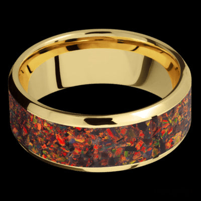 8 mm wide/Beveled/14K Yellow Gold band with one 6 mm Centered inlay of Red Opal.