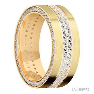 8 mm wide/Flat/14K Yellow Gold band with a Side Eternity arrangement of .01 carat Round Diamond stones in a Bead Channel setting and featuring a a 2 Row Eternity arrangement of .015 carat Round Diamond stones in a Bead Channel setting