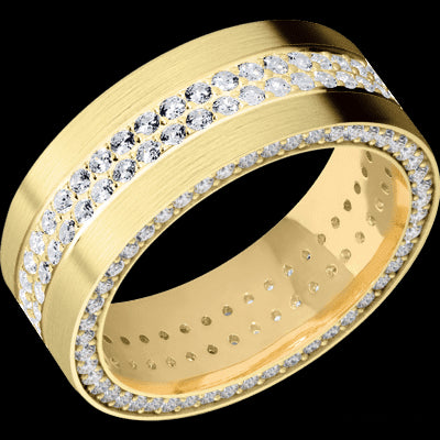 8 mm wide/Flat/14K Yellow Gold band with a Side Eternity arrangement of .01 carat Round Diamond stones in a Bead Channel setting and featuring a a 2 Row Eternity arrangement of .015 carat Round Diamond stones in a Bead Channel setting