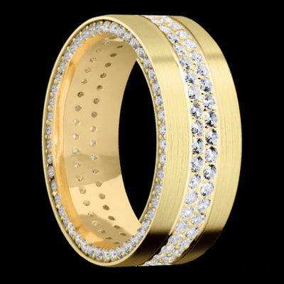 8 mm wide/Flat/14K Yellow Gold band with a Side Eternity arrangement of .01 carat Round Diamond stones in a Bead Channel setting and featuring a a 2 Row Eternity arrangement of .015 carat Round Diamond stones in a Bead Channel setting