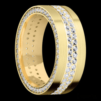8 mm wide/Flat/14K Yellow Gold band with a Side Eternity arrangement of .01 carat Round Diamond stones in a Bead Channel setting and featuring a a 2 Row Eternity arrangement of .015 carat Round Diamond stones in a Bead Channel setting