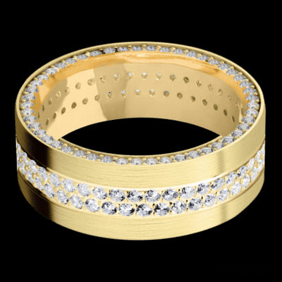 8 mm wide/Flat/14K Yellow Gold band with a Side Eternity arrangement of .01 carat Round Diamond stones in a Bead Channel setting and featuring a a 2 Row Eternity arrangement of .015 carat Round Diamond stones in a Bead Channel setting
