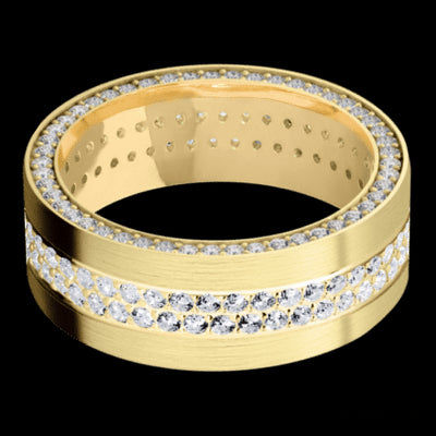 8 mm wide/Flat/14K Yellow Gold band with a Side Eternity arrangement of .01 carat Round Diamond stones in a Bead Channel setting and featuring a a 2 Row Eternity arrangement of .015 carat Round Diamond stones in a Bead Channel setting