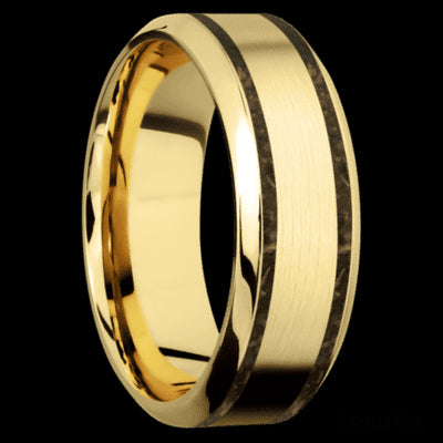 8 mm wide/High Bevel/14K Yellow Gold band with two 1 mm Wide inlays of Gold Tiger Eye.
