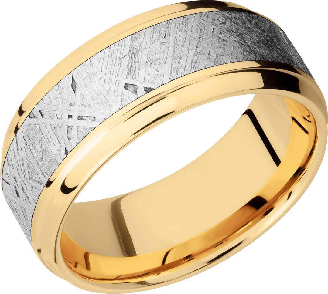 14K Yellow gold 9mm beveled band with an inlay of authentic Gibeon Meteorite