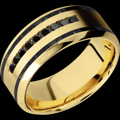 9 mm wide/High Bevel/14K Yellow Gold band with  two 1 mm Wide inlays of Black Onyx and featuring an  arrangement of 9, .03 carat Round Black Diamond stones in a Channel setting