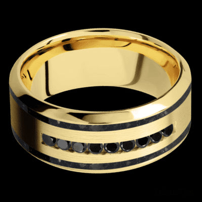 9 mm wide/High Bevel/14K Yellow Gold band with  two 1 mm Wide inlays of Black Onyx and featuring an  arrangement of 9, .03 carat Round Black Diamond stones in a Channel setting