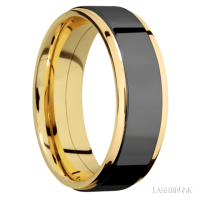7 mm wide/Flat Grooved Edges/14K Yellow Gold band with one 5 mm Raised Centered inlay of Zirconium.