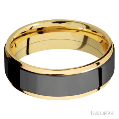 7 mm wide/Flat Grooved Edges/14K Yellow Gold band with one 5 mm Raised Centered inlay of Zirconium.