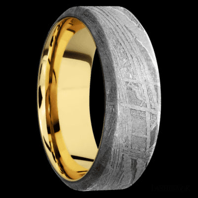 8 mm wide High Bevel Meteorite band featuring a 14K Yellow Gold sleeve.