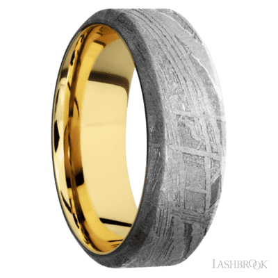 8 mm wide High Bevel Meteorite band featuring a 14K Yellow Gold sleeve.