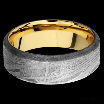 8 mm wide High Bevel Meteorite band featuring a 14K Yellow Gold sleeve.