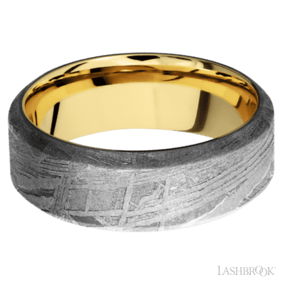 8 mm wide High Bevel Meteorite band featuring a 14K Yellow Gold sleeve.