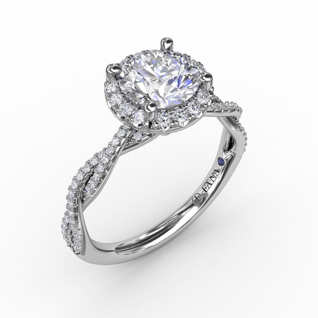Classic Round Diamond Halo Engagement Ring With Twist Diamond Band