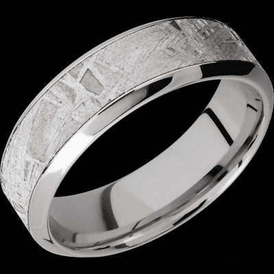 7 mm wide/High Bevel/18K White Gold band with one 4 mm Centered inlay of Meteorite.