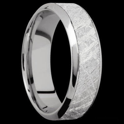 7 mm wide/High Bevel/18K White Gold band with one 4 mm Centered inlay of Meteorite.