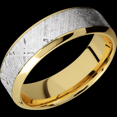 7 mm wide/High Bevel/18K Yellow Gold band with one 4 mm Centered inlay of Meteorite.