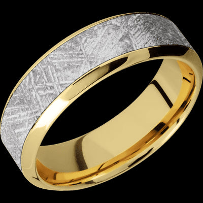 7 mm wide/High Bevel/18K Yellow Gold band with one 4 mm Centered inlay of Meteorite.