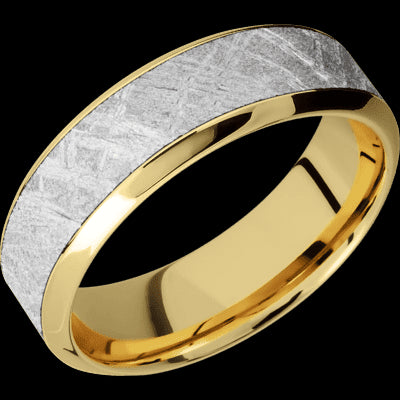 7 mm wide/High Bevel/18K Yellow Gold band with one 4 mm Centered inlay of Meteorite.