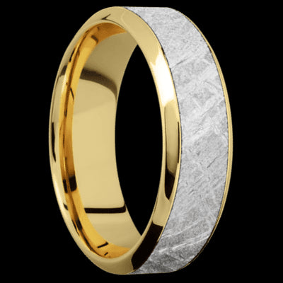 7 mm wide/High Bevel/18K Yellow Gold band with one 4 mm Centered inlay of Meteorite.