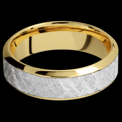 7 mm wide/High Bevel/18K Yellow Gold band with one 4 mm Centered inlay of Meteorite.