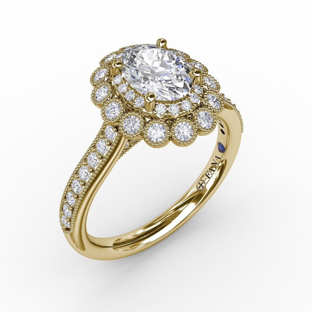 Vintage Double Halo Oval Engagement Ring With Milgrain Details