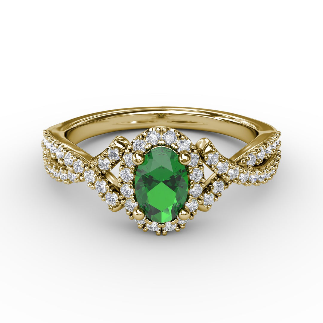 Swirls of Love Emerald and Diamond Twist Ring